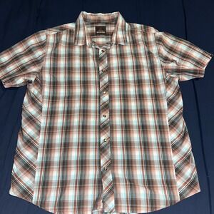 Prana Button Up Shirt Men's Size Large Brown Plaid Short Sleeve Organic Cotton